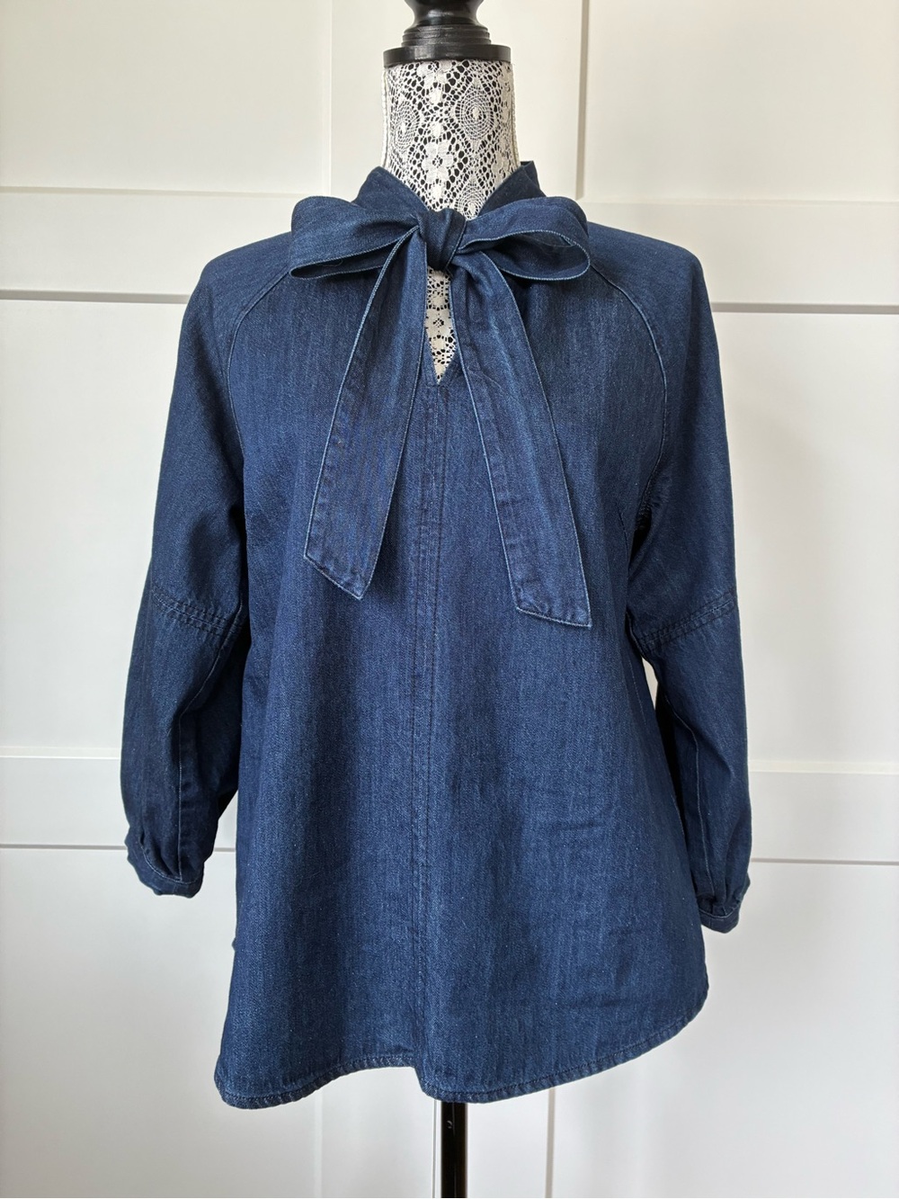 NWOT Part Two Denim Bow Tie Tunic Top - Deep Indigo Blue